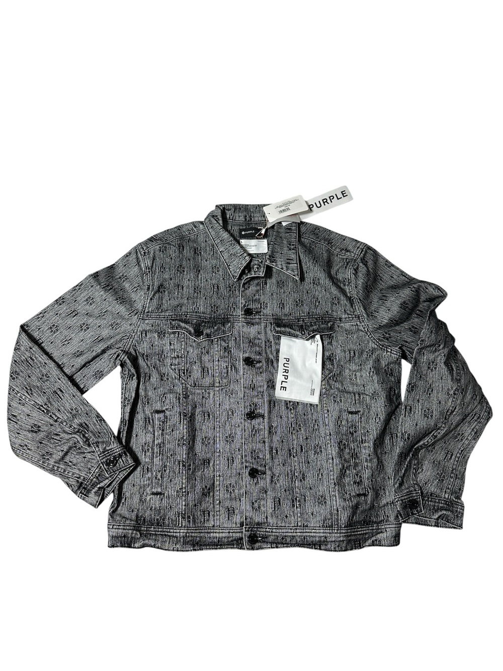 Purple Brand Black Flocked Monogram Denim Trucker Jacket Sz L